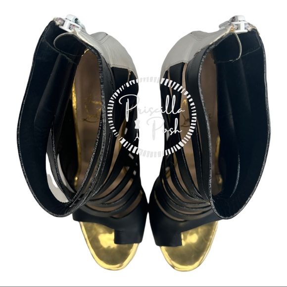 Christian Louboutin Strappy Boot Sandal 38 black White Gold Block Heel - Picture 6 of 14